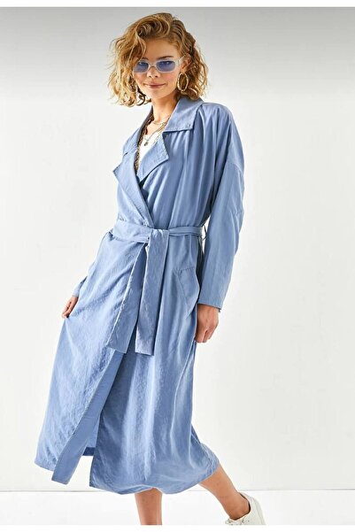 Pasaklı Giyim Kadın  Mavi İnce Salaş Kemerli Cepli Düğmeli Yumuşak Dokulu Uzun Trençkot Hırka 3335370