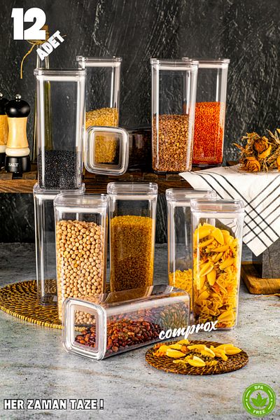 Comprox مجموعة تخزين الطعام المربعة الصلبة سعة 12 لتر - غطاء مقاوم للهواء، منظم خالٍ من مادة BPA