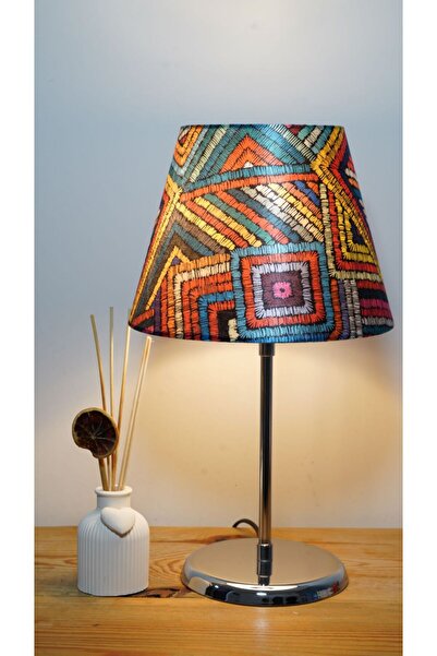 retro home design Krom Ayaklı Kare Renkli Konik Şapkalı Masa Lambası 1 Adet A...