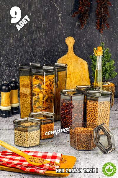 Comprox Set of 9 Hard Square Food Storage Containers Vacuum Airtight Lid and Organizer Bpa-Free