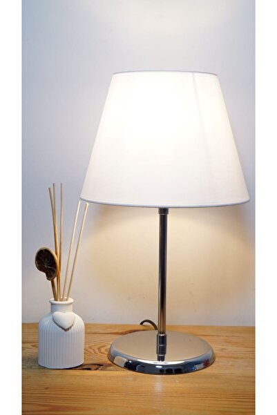 retro home design Krom Ayak Beyaz Renk Konik Şapkalı Masa Lambası 1 Adet Abaj...