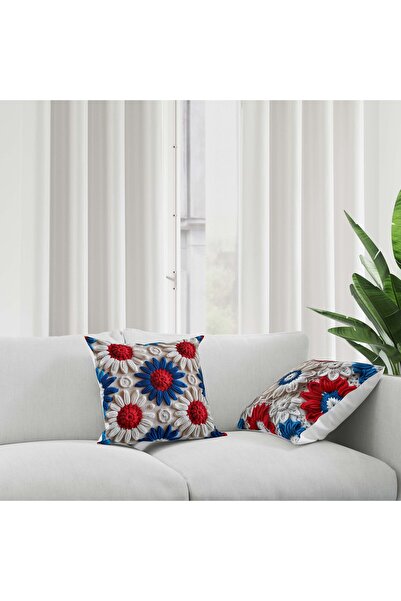 Şah Dekor Punch Embroidery Pattern Digital Printed 4-Pack Throw Pillow in Blue White Colors - Pillow Case Luxury Velvet