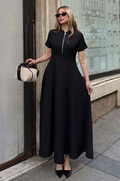 Swist Rochie midi de damă cu mânecă scurtă, cu volan, cu fermoar, cu buzunar dublu