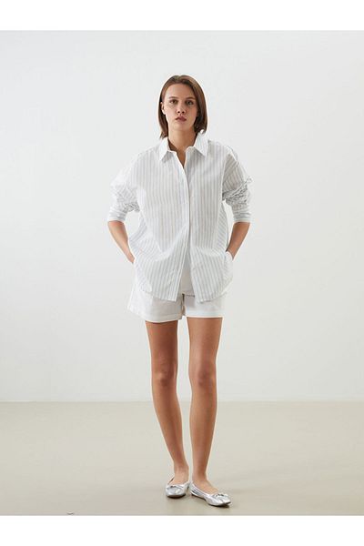 LC Waikiki Cămașă pentru femei din amestec de in oversize cu dungi de sezon nou - S5I334Z8