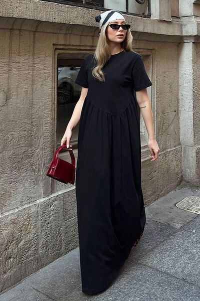 Swist Rochie maxi modal pentru femei, neagră, plisată, cu decolteu