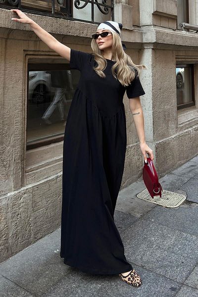 Swist Rochie maxi modal pentru femei, neagră, plisată, cu decolteu