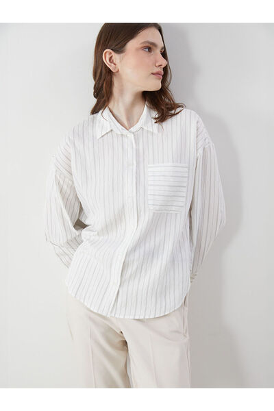LC Waikiki Ecru Striped Oversize Poplin Women's Shirt