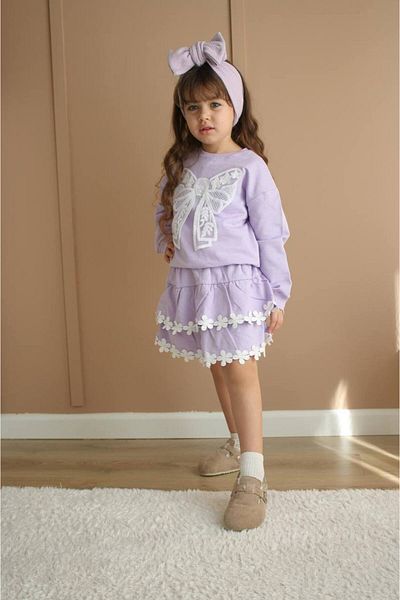 ARBİ kids Girl's Purple Bow Patterned Katkat Skirt Suit Stylish
