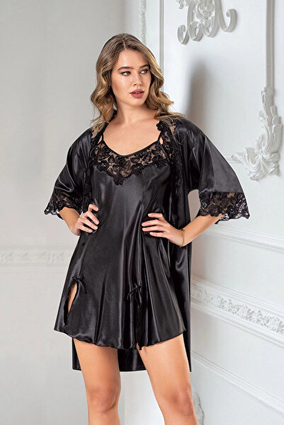 bacc Ženska crna satenska spavaćica i kućni ogrtač, set od 2 dela Čipka i Sa ...