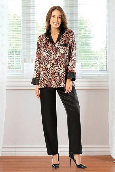 bacc Γυναικείο σετ πιτζάμες με σατέν Leopard Print Ö嫩 με μακρύ μανίκι με τσέπες και κουμπιά