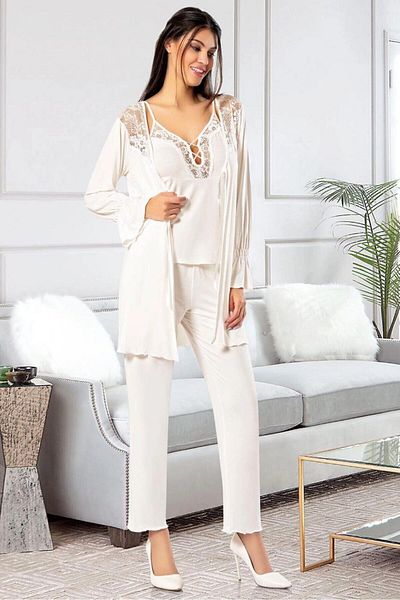 bacc Women's Ecru Lace Detailed Three-Piece Pajama Set Bcan- 258903 Fa
