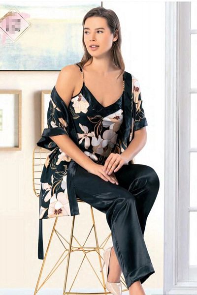 bacc Set pijamale din 3 piese din satin negru cu imprimeu digital cu modele florale Bcan- 252315 fa
