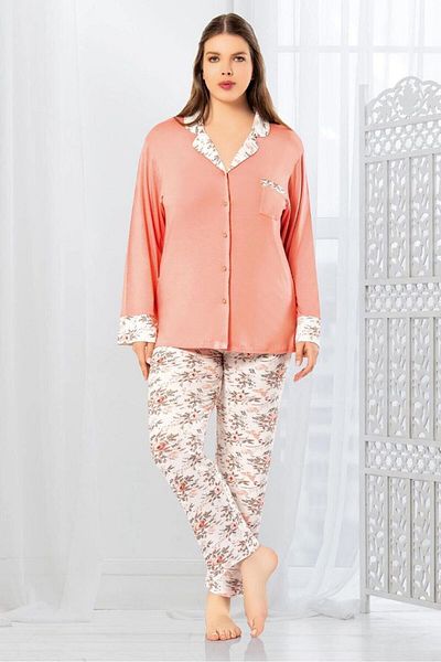 bacc Women's Salmon Floral Patterned Buttoned Front Oversize Pajama Set Bcan- 258803 Fa