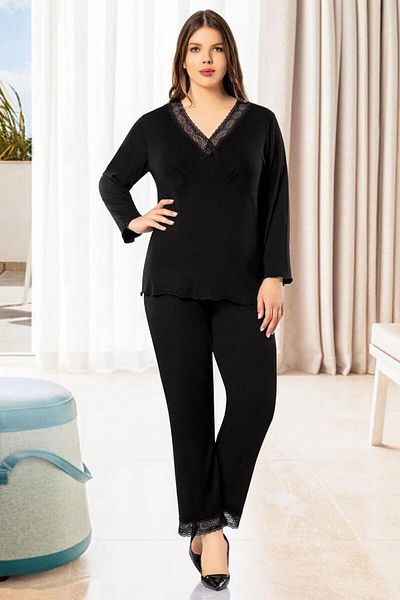 bacc Set pijama supradimensionată cu dantelă neagră pentru femei Bcan- 258813 fa