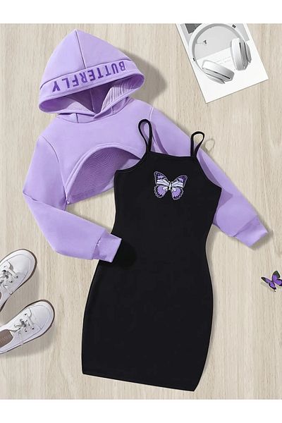 İBRE Butterfly Printed Ribbon Sleeve Detail Lila Bottom Top Girl's Suit