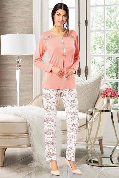 bacc Women's Salmon Floral Patterned Lace Detailed Pajama Set Bcan- 258602 Fa