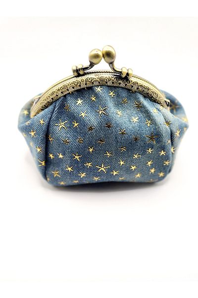OUEEN ELİZABETH Retro Canvas Denim Fabric Star Detailled Handmade''Mini Size'' Coin Purse