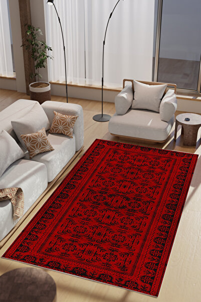 Charmbi Kızıl Otan Desenli Makinede Yıkanabilir Salon Halısı Yatak Odası Halı...