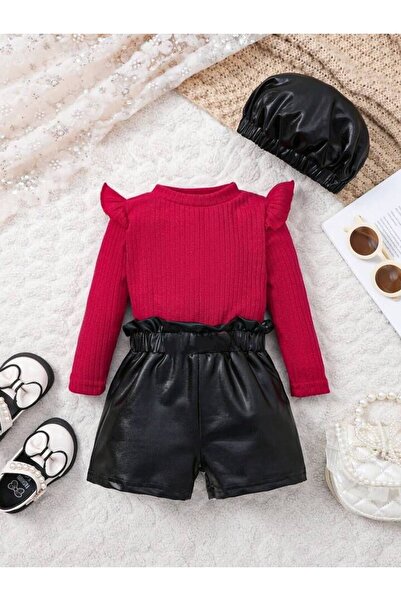 shop Pantaloni scurți din imitație de piele și pălărie, set de 2 piese