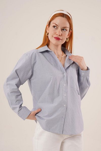 MODAVERA    Striped Single Pocket Classic Cut Buttoned Blue Shirt