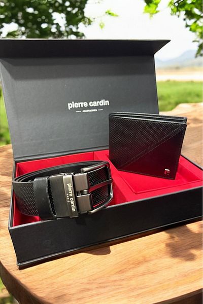 Pierre Cardin طقم هدايا كاجوال للرجال من حزام الدنيم والمحفظة الأفقية