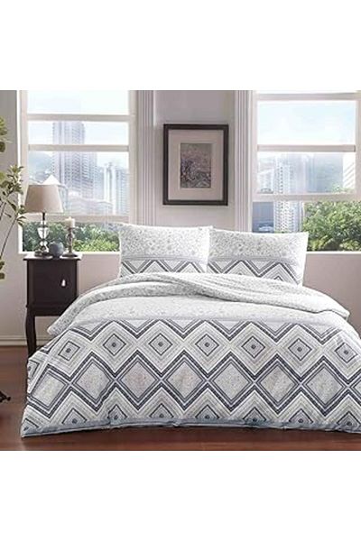 Qedii Taç Perry Ranforce Geometric Pattern 100% Cotton Bedding Set, Navy Blue, Double (Duvet Cover: 2