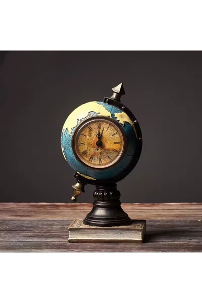 Wolawood Vintage Dünya Haritası Saat Dekor – El Yapımı Retro Biblo, Dekoratif Konsept Hediyelik Masaüstü Set