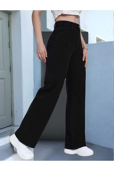 SHEVEGA Black High Waist Wide Leg Palazzo Jean Trousers