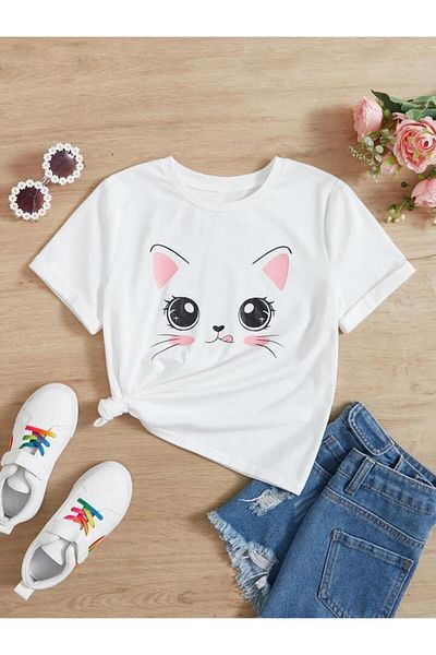 vinraus Tricou cu imprimeu alb cu pisică dulce pentru fată/băiat