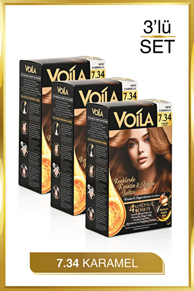 Voila Kadın 3lü Paket Keratin Kalıcı Karamel 7.34 Saç Boyası
