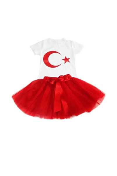 Nacar Kız Çocuk 23 Nisan 29 Ekim Gösteri Kıyafeti Desenli Kısa Kol Beyaz T-shırt Tütü Etek Takım