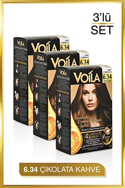 Voila Kadın 3lü Paket Keratin Kalıcı Çikolata Kahve 6.34 Saç Boyası