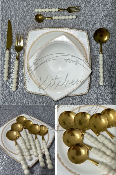 Kitchen Live 6 Adet Beyaz Plastik İnci Taş Detaylı Gold Yemek Kaşığı Takımı |...