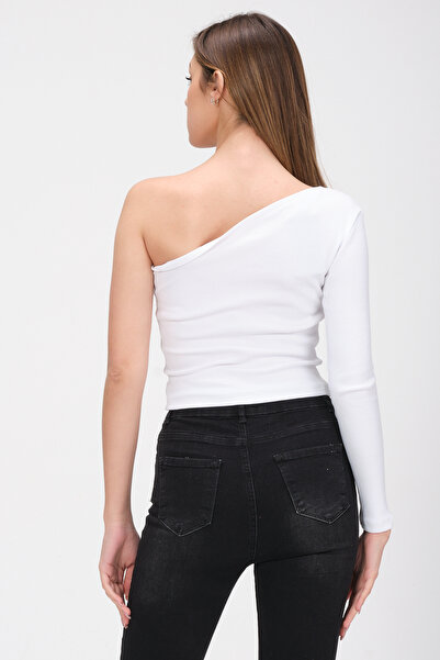 PUNKY CAT Women's White One Shoulder Open Long Sleeve Ribbed T-Shirt Blouse