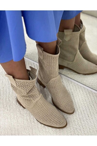 POTEEN حذاء نسائي صيفي من الجلد السويدي بكعب قصير ومثقوب من ستيلي P100-بيج