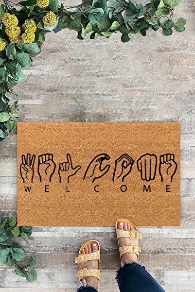 KARMAT لغة الإشارة، موضع ترحيب مكتوب، ترحيب باللغة الإشارة، سجادة باب أمام الباب، سجادة باب مطبوعة رقمية