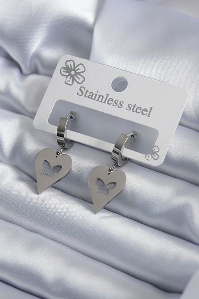 Clariss 316l Steel Silver Color Heart Model Butterfly Embroidered Women's Earrings