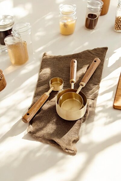 Yuva Concept 15ml 80ml 125ml Measuring Spoon Set Different Sizes Stainless Steel Measuring Cup with Wooden Handle