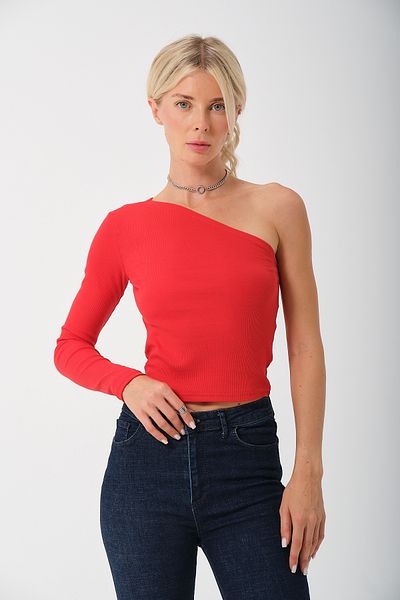 PUNKY CAT Women's Red One Shoulder Open Long Sleeve Ribbed T-Shirt Blouse