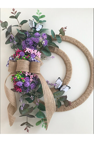 Zelis Design Mini Çııtır Çicekli Jüt Kurdeleli Ahşap Kasnaklı Kapı Süsü