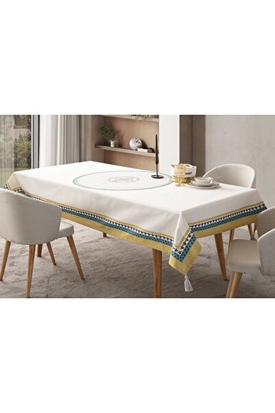 dekomall home & living Püskül Detay Pamuk-Keten Masa Örtüsü 150x250 Cm Krem-Hardal