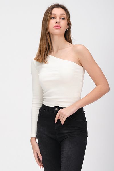 PUNKY CAT Women's Ecru One Shoulder Open Long Sleeve Ribbed T-Shirt Blouse