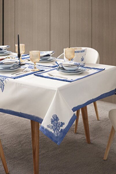 dekomall home & living Dekomall Cotton-Linen Table Cloth 150X250 cm Cream-Blue