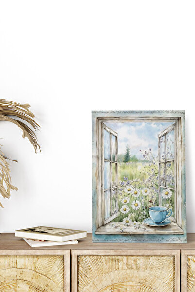 qoeuyl boutique Ahşap Pencere Manzaralı Kır Çiçekleri ve Papatya Retro Vintage 18x27 MDF Ahşap Poster Tablo