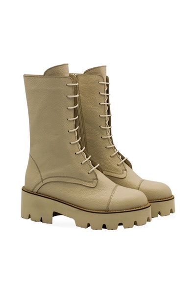 Vario Hakiki Deri Kalın Taban Bağcıklı Uzun Kadın Bot Bej Bot