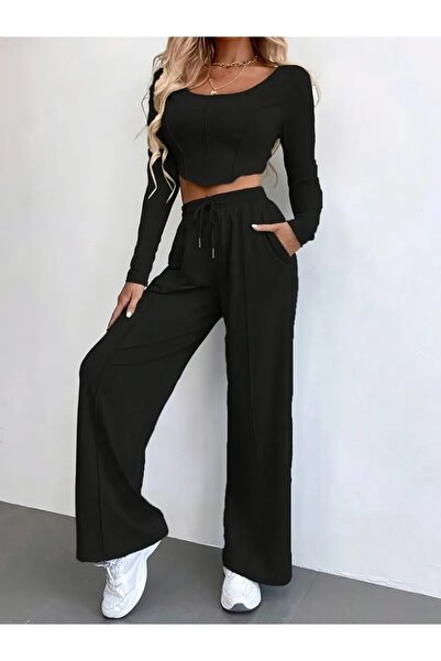 CAONNES Îmbrăcăminte sport neagră pentru femei, cu aplicații frontale, largă,...