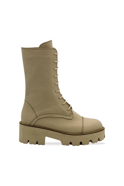 Vario Hakiki Deri Kalın Taban Bağcıklı Uzun Kadın Bot Bej Bot