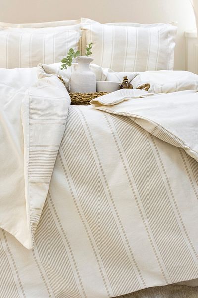 Vionel Home Σετ Παπλωματοθήκη Santorini 100% Βαμβακερό Διπλό Ριγέ Φυσικό Μπεζ