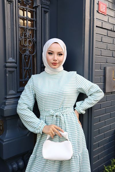modessia ΓΥΝΑΙΚΕΙΟ Πράσινο Πολυστρωματικό Φόρεμα Hijab από ύφασμα μακρύ Seersucker 0396