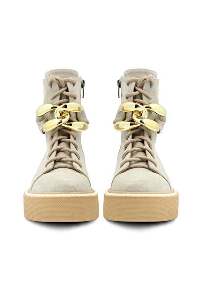 Vario Süet Platform Zincir Tokalı Kadın Bot Vizon Süet Gold Toka